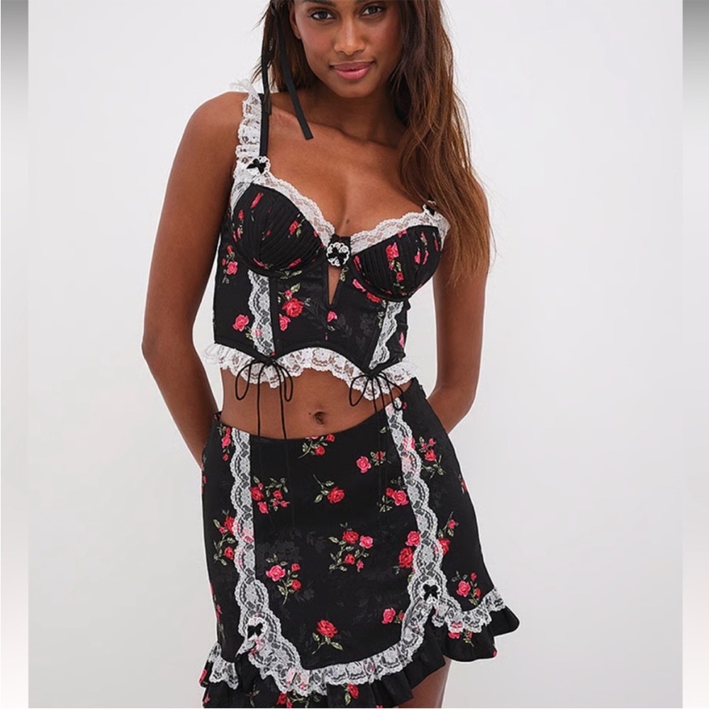 For Love And Lemons June Bustier Black with Roses (size Small-DD)